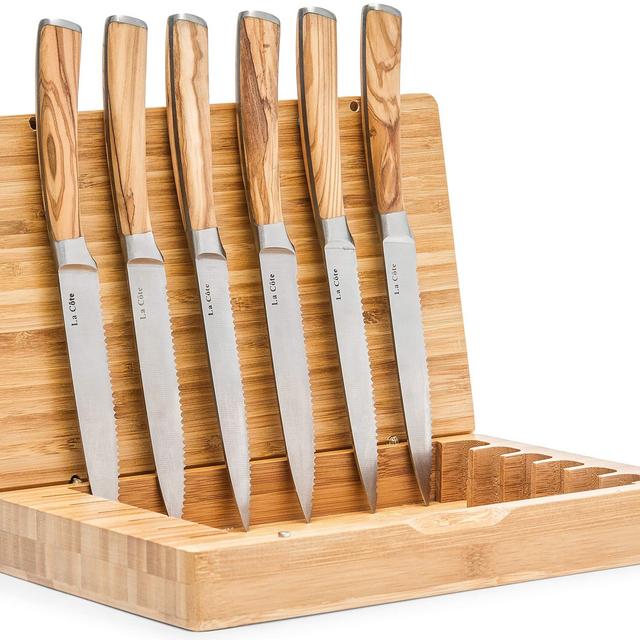 La Cote 6 Piece Steak Knives Set Japanese Stainless Steel Olive Wood Handle In Bamboo Storage Box (Olive Wood)
