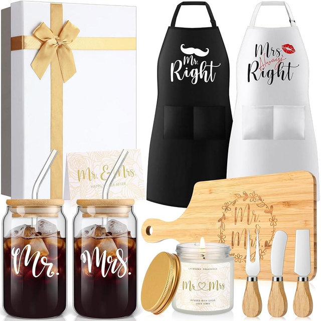Singhoow 12 Pcs Wedding Gifts for Couples Valentine Mrs Always Right Glass Cups Aprons Charcuterie Board Candle Butter Knife Box for Newlywed Bridal Shower Engagement Anniversary His Her