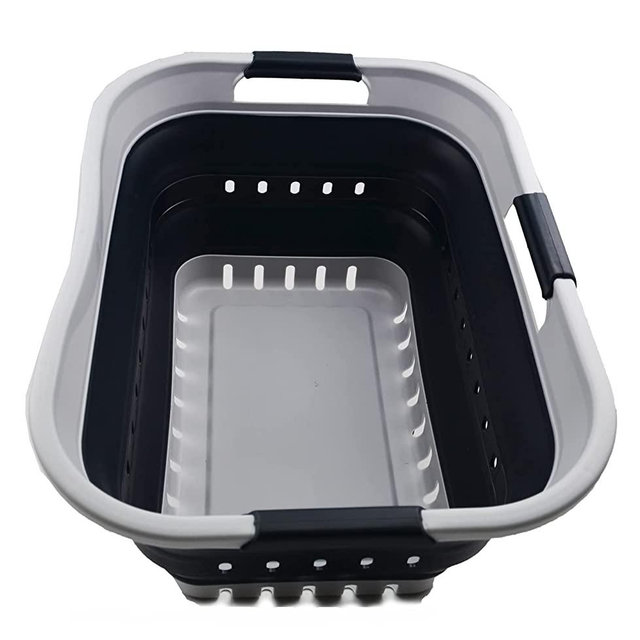 SAMMART 30L (8 gallon) Collapsible 3 Handled Plastic Laundry Basket - Foldable Pop Up Storage Container/Organizer - Portable Washing Tub - Space Saving Hamper/Basket (Grey/Slate Grey)