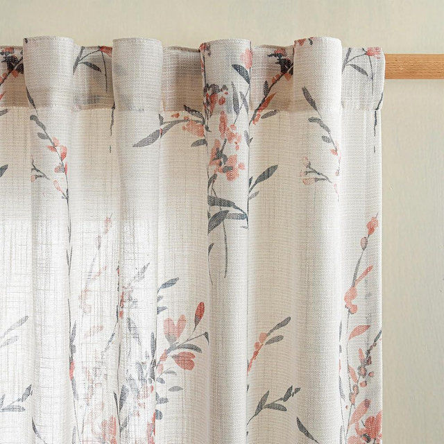 MYSKY HOME Floral Sheer Curtains for Living Room 84 Inches Long Light Filtering Window Treatment Sets Bedroom Dining Room Leaf Printed Vintage Farmhouse Curtains & Drapes, Coral, 52"x84",2 Panels
