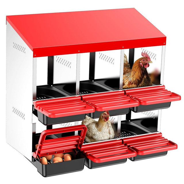 ZenxyHoC Two-Tier Chicken Nesting Box, 6 Hole Metal Chicken Egg Laying Box with Swing Perch and Rollout Egg Collection for Chicken Coop Red