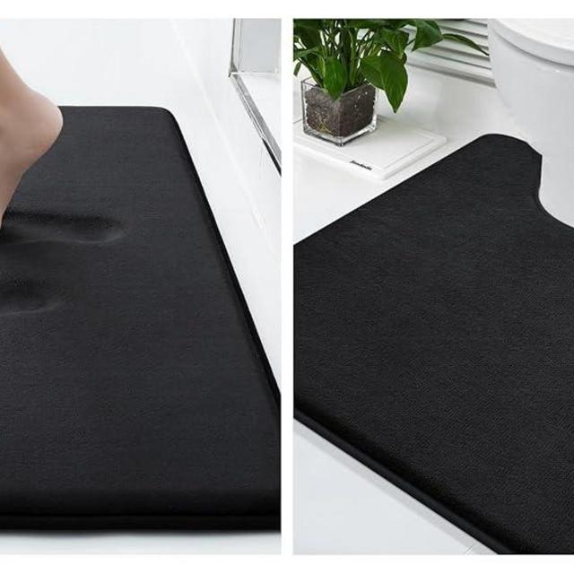 smiry Memory Foam Bath Mat 24''x16'' and U-Shaped Toilet Bathroom Rugs 20"x20",Super Soft Absorbent Bathroom Rugs Non Slip Bath Rug Runner for Bathroom Floors (Black)