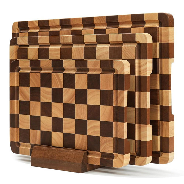 Checkered Cutting Board Set for Kitchen - 3 PCS Solid Wood End Grain Checkerboard Chopping Board with Holder & Juice Groove, Wooden Cutting Boards for Meat, Vegetables, Fruits (S, M, L)