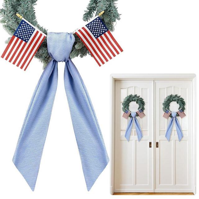 Hahafelt 2 Set of Patriotic Wreath Sashes with Flags for Front Door, 56" x 4.5" Blue and White Stripe July 4th Wreath Sashes for Independence Day Outdoor Indoor Home Party Yard Decorations