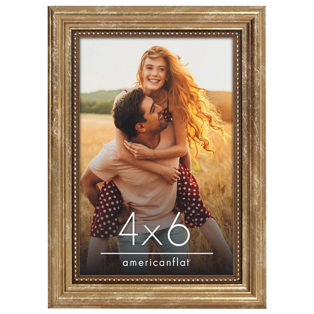 Americanflat 4x6 Vintage Picture Frame with Beaded Accents with Shatter Resistant Glass and Easel Stand - Golden