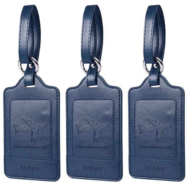Luggage Tags, 3 Pack Teskyer Premium PU Leahter Luggage Tags Privacy Protection Travel Bag Labels Suitcase Tags-Blue