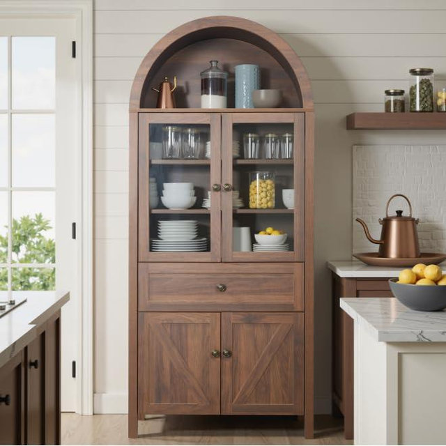 Montary 70" Fluted Tall Arched Pantry Cabinet: Adjustable Shelves, Elegant Display Storage with Hidden Drawer & Glass Door - Perfect for Kitchen, Living & Dining Rooms (Walnut)