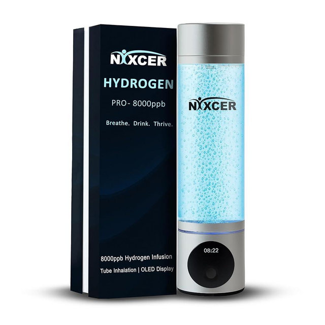 Nixcer Hydrogen Pro Water Bottle – 8000PPB H2, SPE/PEM, OLED Display, Dual Mode (5/10 Min), USB-C Rechargeable – Portable Hydrogen Generator for Wellness, Recovery, Gym & Gift (Silver)