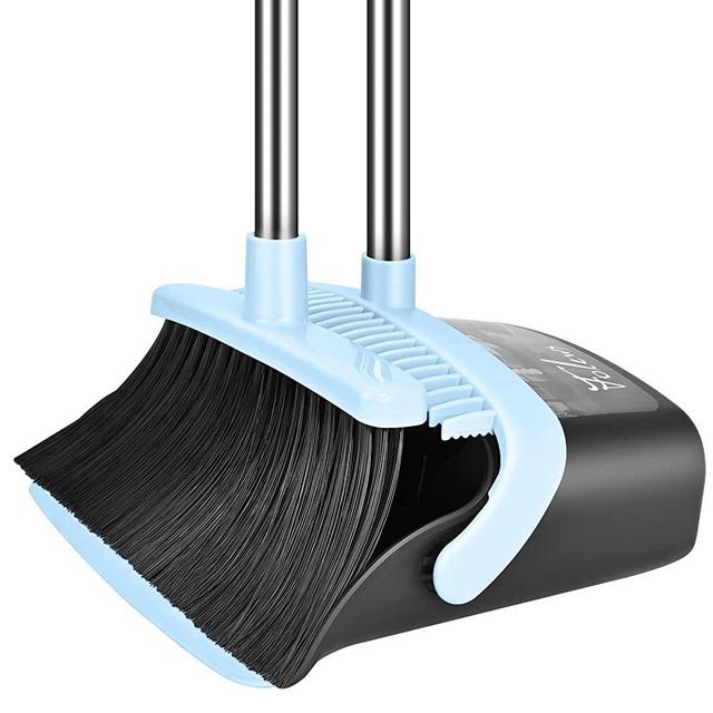 Broom and Dustpan Set, Folews 55 Inch Long Handle Dust Pan and Broom Heavy Duty Broom with Dustpan Combo Set for Home Kitchen - Blue