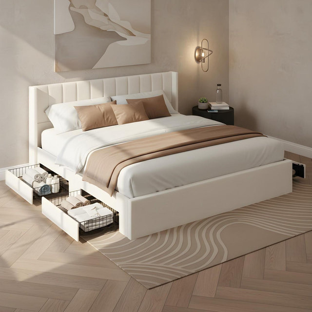 King Size Upholstered Platform Bed Frame with Storage Drawers & Headboard, Beige - ModernLuxe