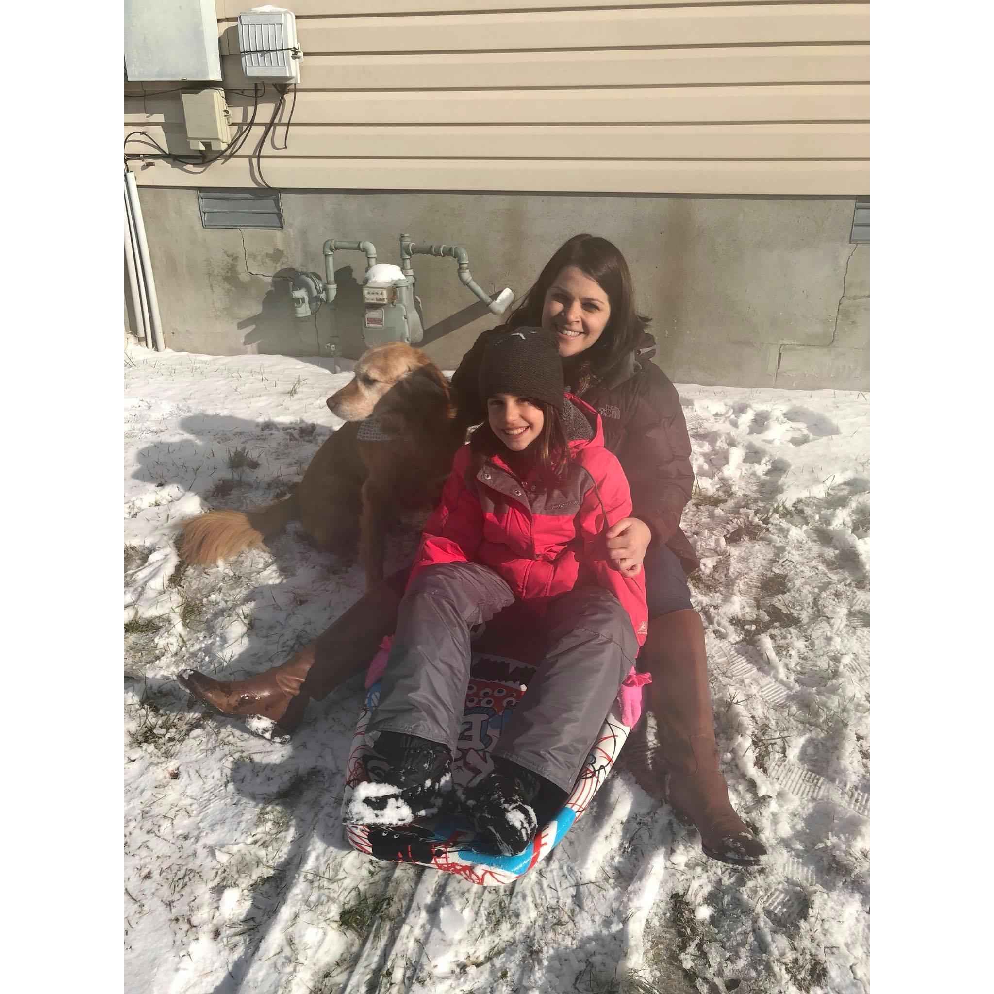 Eli and Addy sledding in Tennessee "snow"