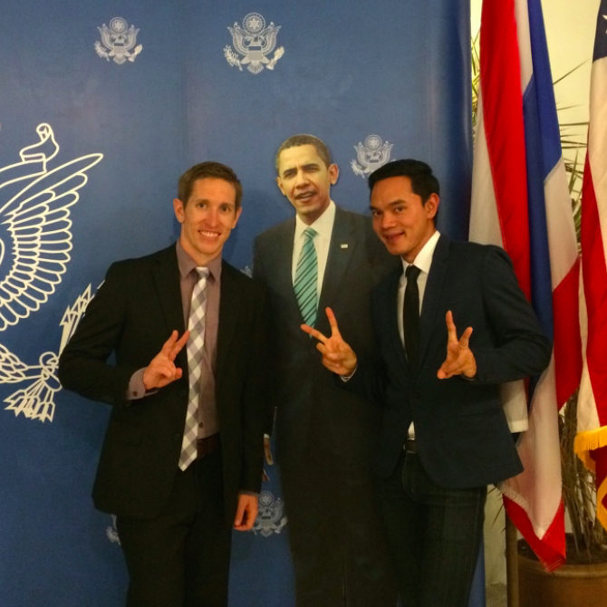 Justin chillin' with (cardboard) Obama