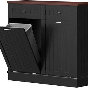 Black - Tilt Out Trash Cabinet 10 Gallon Wooden Free Standing Laundry Sorter Cabine,Recycling Cabine with Hideaway Drawer,Tilt Out Trash Cabinet Can Bin Kitchen