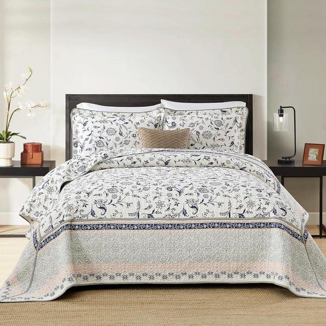 Finlonte Botanical 102"x120" Oversized Queen Size Bedspread, 100% Cotton Vintage Floral Quilted Bedspread Coverlet Bedding Set, Patchwork Lightweight Extra Large Quilt XL Bed Spread, Gray/Navy, 3Pc