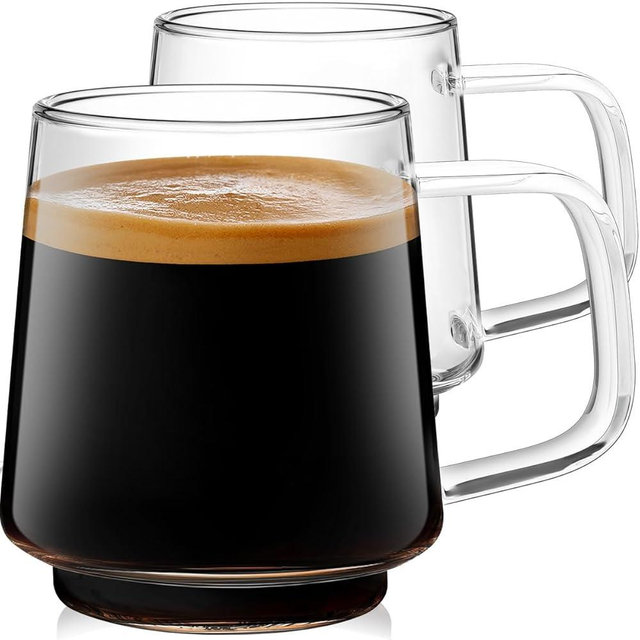 Aquach 16 Oz Glass Coffee Tea Cups, Clear Mugs with Handle, Microwave and Dishwasher safe Home Office Mug Perfect for Americano Latte Hot Beverages, 2-Pack
