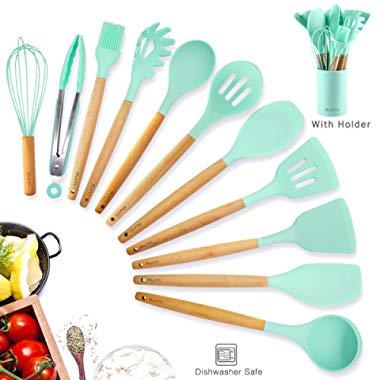 Silicone Cooking Utensils Kitchen Utensil set with Holder, 11pcs Pioneer Wooden Spatula Utensils Set for Nonstick Cookware, Gift for Woman Mom Family(Mint Green, BPA Free)