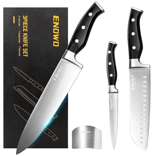 Enowo Chef Knife Ultra Sharp Kitchen Knife Set 3 PCS,Premium German Stainless Steel Knife with Finger Guard Clad Dimple,Ergonomic Handle and Gift Box