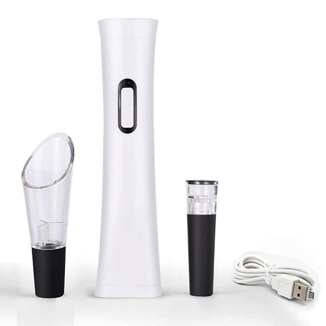 Electric Wine Opener, Automatic Electric Wine Bottle Corkscrew with Foil Cutter(Top Cap,Twists it Clockwise), Wine Pourer, Vacuum Stopper & USB Cable, Rechargable (White)