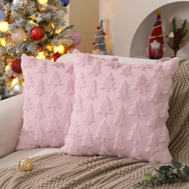 DFXSZ Christmas Tree Pillow Covers 18x18 inch Set of 2 Christmas Decoration Pink Soft Plush Faux Fur Jacquard Throw Pillows for Bedroom Sofa Holiday Festivals Winter Home Decor PTK006D18