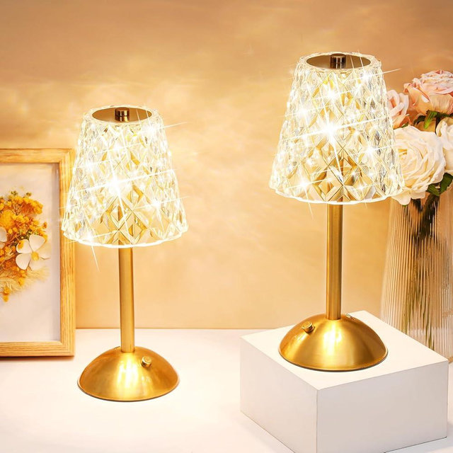 Liliful 2 Pcs Cordless Table Lamp Rechargeable Touch LED Small Gold Portable Battery Operated USB-c Desk Lamp 3 Color Dimmable for Bedroom Living Room Dining (Gold,Diamond Style)