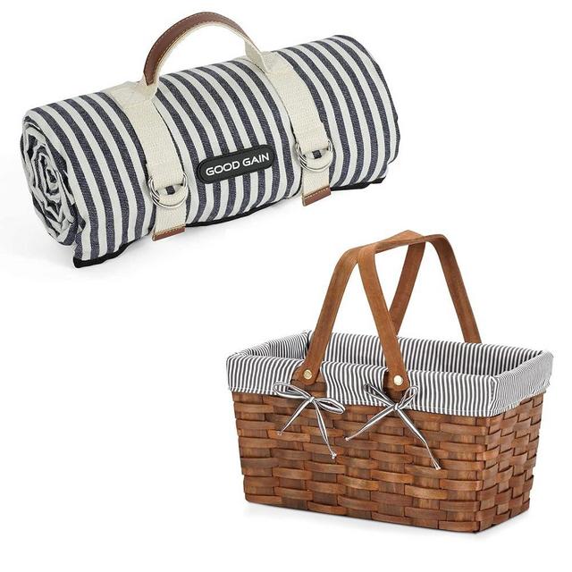 Waterproof Picnic Blanket Portable with Carry Strap for Beach Mat or Family,Woodchip Picnic Basket with Double Folding Handles