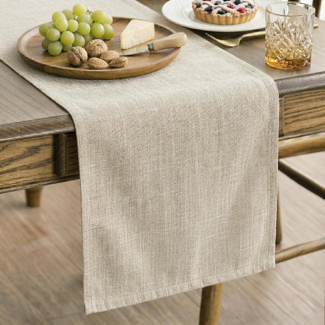 Q&J Fabric Co. Linen Look Table Runner, 13 x 84 Inch Double Layer-Stitched Table Banner Washable Rustic Farmhouse Neutral Table Decoration for Home Kitchen Party Daily Use Beige