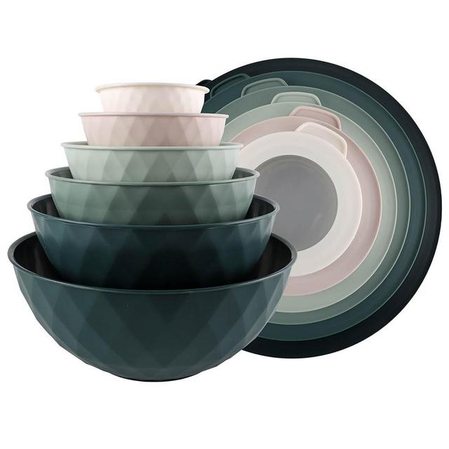 COOK WITH COLOR Mixing Bowls with Lids - 12 Piece Plastic Nesting Bowls Set includes 6 Prep Bowls and 6 Lids, Non Slip Bottom and Diamond Design - Microwave Safe (Mint)