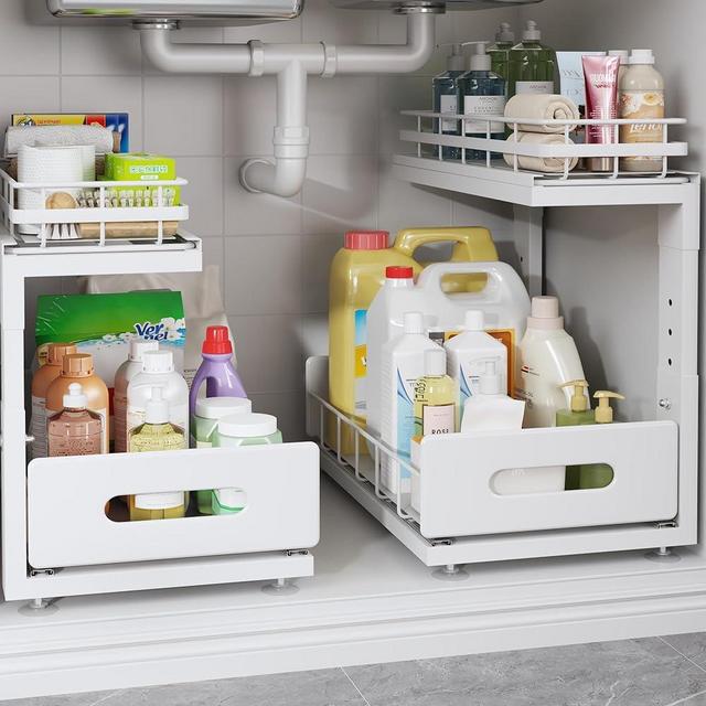 2 Pack Under Sink Organizer with Smooth Ball Bearing Slides, 2-Tier Pull Out Cabinet Storage, Slide Out Drawers for Bathroom and Kitchen, Under Sink Shelf, Rust-resistant Coating, Height Adjustable