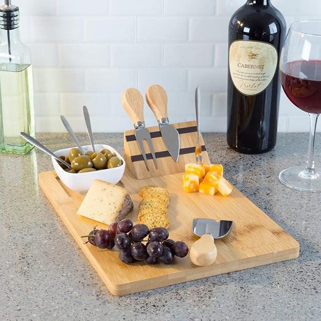 Classic Cuisine 9 Piece Bamboo Cheese Serving Tray Set with Stainless Steel Cutlery and Dip Dish-Durable and Eco-Friendly Charcuterie Board, Wood