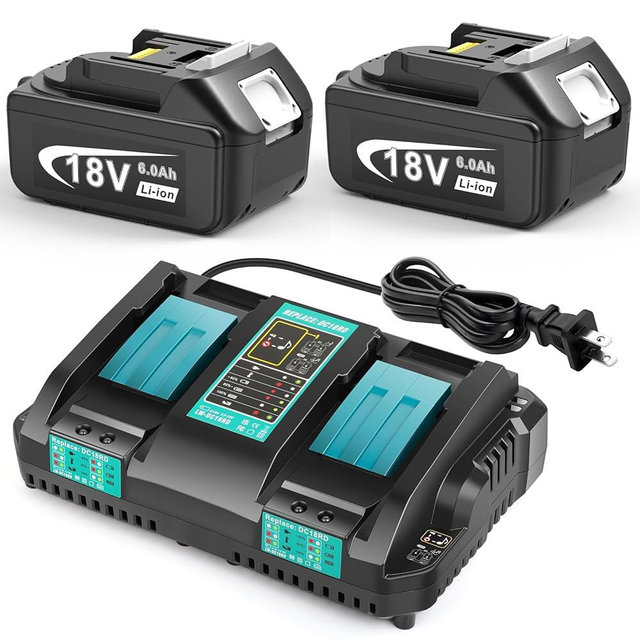Djsanu 18V 6.0Ah Replace Battery for Makita BL1860 with Replace Charger, 2 Packs 18V 6000 mAh Lithium Battery with Dual Ports 14.4V-18V Charger Compatible with Makita BL1850 BL1840 BL1830 DC18RD