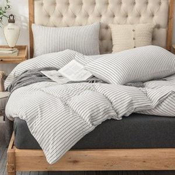 PURE ERA Jersey Knit Duvet Cover Set 100% T-Shirt Heather Cotton Super Soft Comfy Classic Striped Design, with Zipper Closure, Heather White & Black Pinstripe, Queen