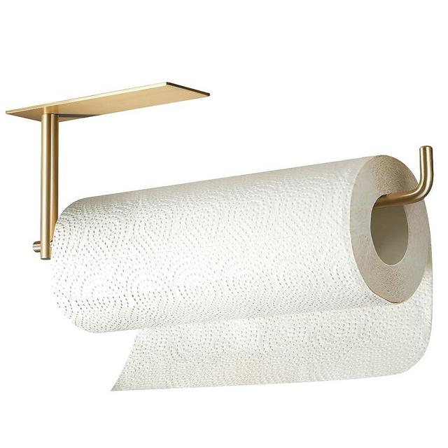 SUNTECH Paper Towel Holder Under Cabinet Gold - Self Adhesive Paper Towel Roll Holder for Kitchen Stick on Wall SUS 304 Stainless Steel
