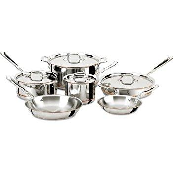 All-Clad 401877R Stainless Steel 3-Ply Bonded Dishwasher Safe Cookware Set, 10-Piece, Silver