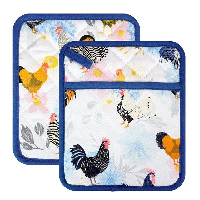 Pot Holders Set of 2 Heat Resistant 480℉ Kitchen 100% Cotton Comfortable Lining Printing Fox Flower Women Men Home Cooking Baking Microwave BBQ Gift (Rooster potholder)