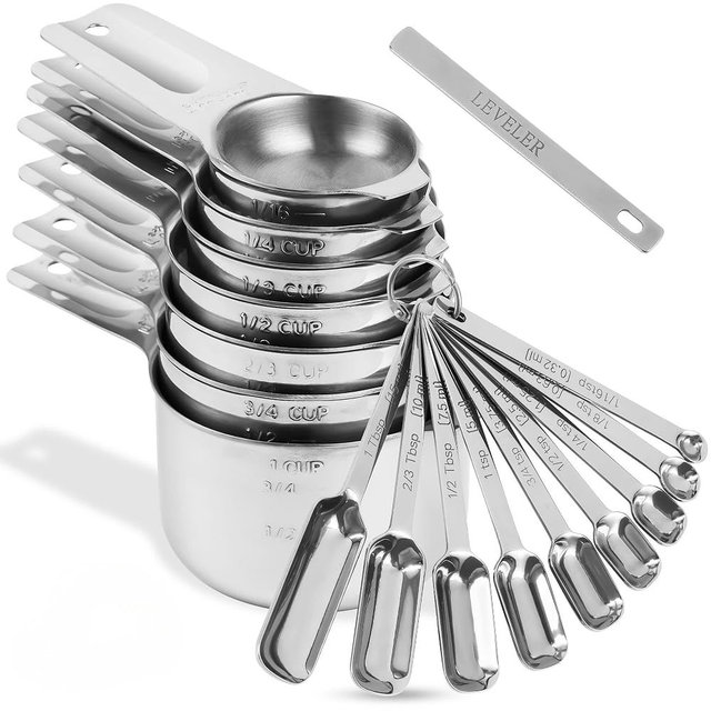 Kalsreui Measuring Cups and Spoons Set, 18/8 Stainless Steel Measuring Cups and Spoons set 17, Metal 7 Metric Measure Cups and 9 Dry Measure Spoons with 1 Leveler for Kitchen & Baking