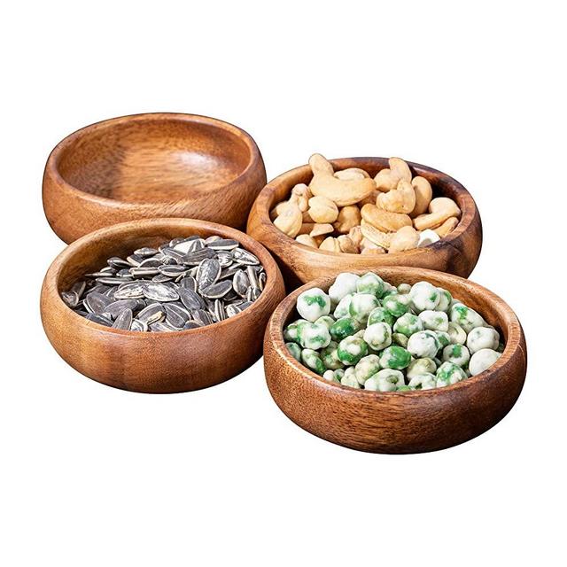 Gifteey Natural Acacia Wooden Hand-Carved Round Calabash Dip Bowls, Perfect for Dips Sauce, Nuts, Appetizers, Desserts, Decoration, Candy, Set of 4