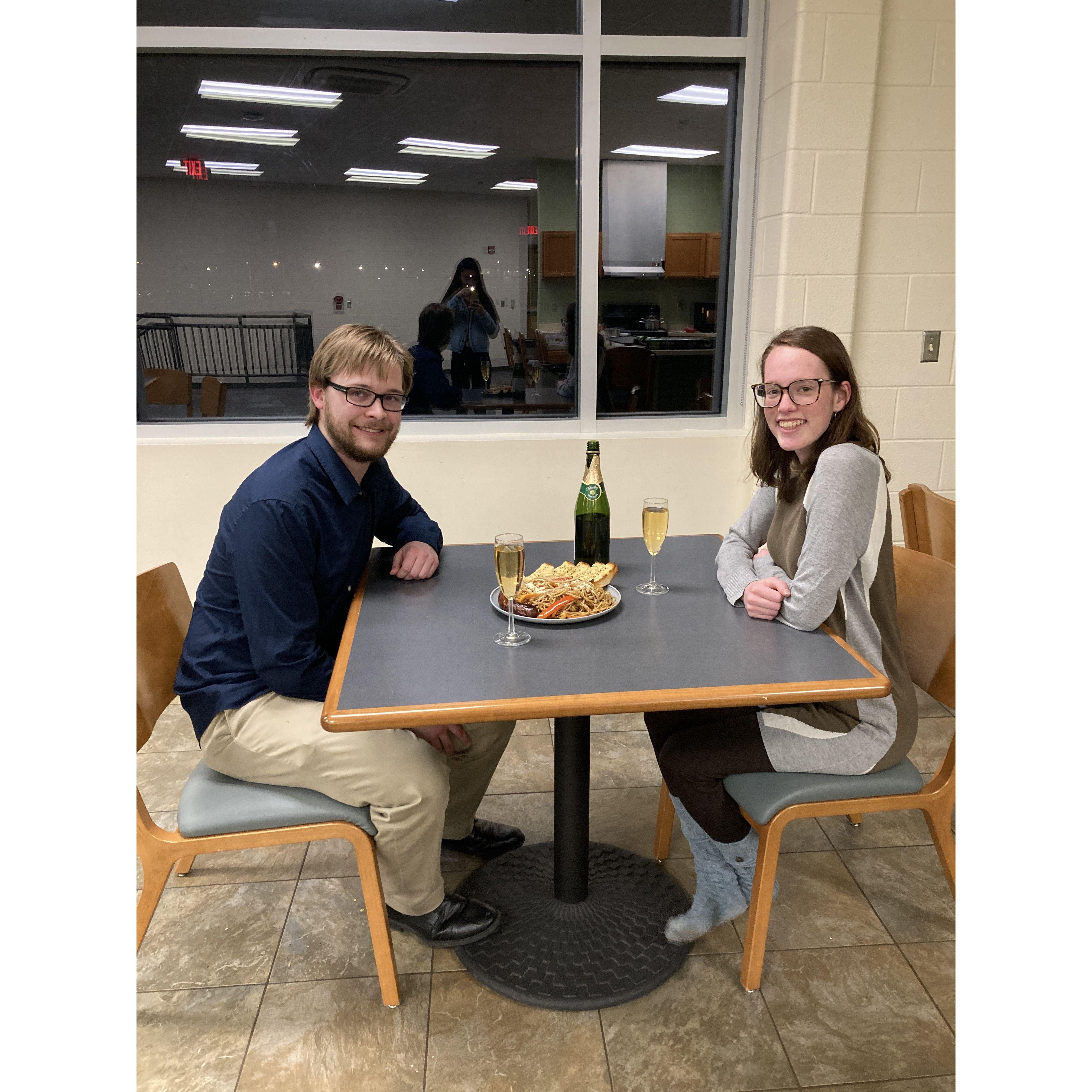 Dec 2021: Sean's birthday dinner in the dorm. They tried to I.D. us at Meijer when we bought the sparkling grape juice...