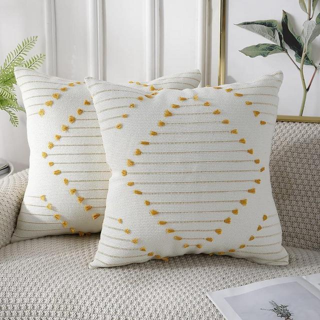 PANOD Set of 2 Boho Tufted Throw Pillow Covers with Tassel 20x20 inch, Decorative Indoor Outdoor Bohemian Square Cushion case Pillowcase for Couch Sofa Livingroom car Farmhouse Yellow and Cream White