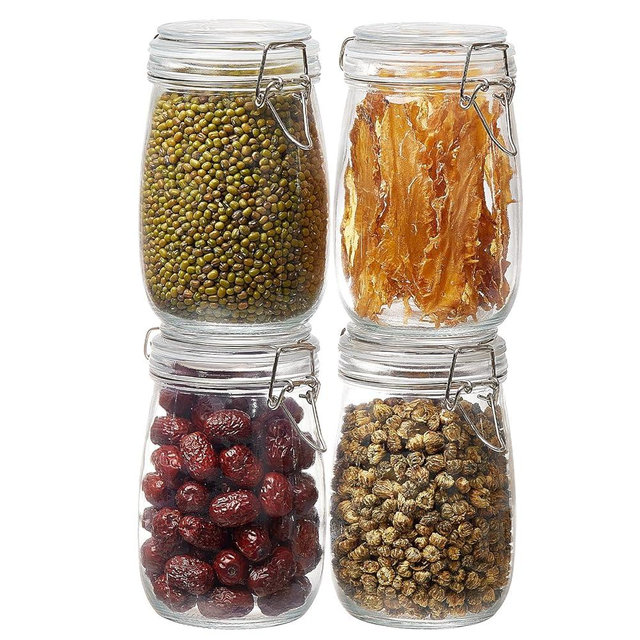 BJONKZ 4 Pack 34 oz Glass Jars with Airtight Lids – Food Storage Containers with Preserving Seal Wire Clip Fastening, Glass Canisters for Kitchen Canning Flour, Cereal, Sugar, Beans (34oz*4)