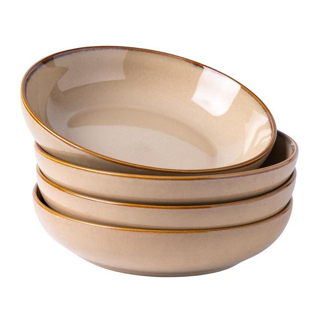 AmorArc 8.5'' Large Pasta Bowls, 36oz Stoneware Pasta Serving Bowls Set of 4 for Kitchen, Wide Bowls for Pasta,Salad,Oatmeal, Microwave Safe, Reactive Glaze-Latte