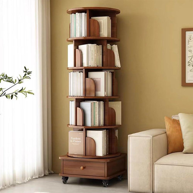 Breevia 6 Tier Rotating Bookshelf with Drawers On Wheel, 360° Display Spinning Corner Book Shelf Tower, Narrow Tall Bookshelves, Small Revolving Bookcase, Wooden Book Shelf Standing Storage Rack