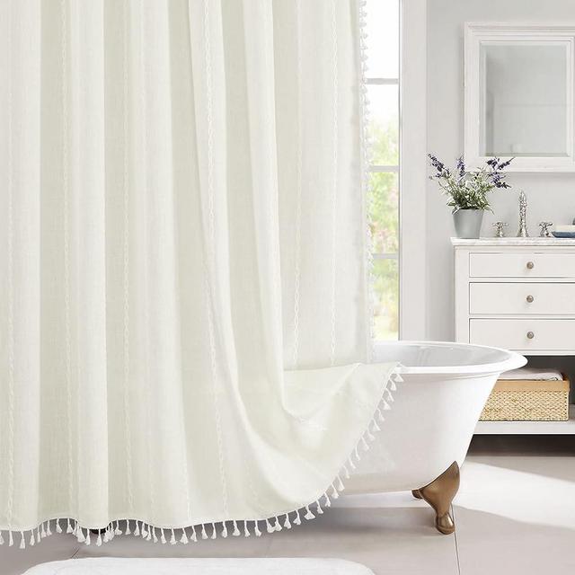 MitoVilla Ivory Boho Farmhouse Fabric Shower Curtain Set, Modern Cotton Linen Cloth Shower Curtains for Beige Vintage Rustic Bathroom Decor, Thick & Wrinkle Resistant, 72 x 72