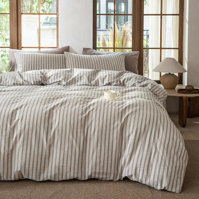 BESTDESIL Luxury 100% Washed Cotton Linen Like Duvet Cover Set,3 Pcs Striped Trendy Bedding with Zipper Closure(Linen Grey,Full)