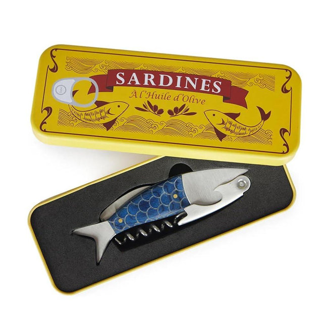 Balvi Sardines Corkscrew and Bottle Opener with Blue Tin Box – Durable Metal Design, Easy-to-Use Wine and Beer Opener, Ideal for Home Bars and Parties – Sacacorchos Sardinas