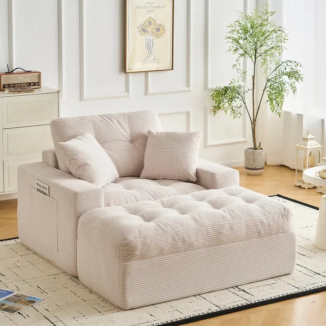63" Oversized Chaise Lounge Chair Indoor with Ottoman, Corduroy Upholstered Boneless Sofa Bed , Reading Chairs for Living Room, No Assembly, Beige