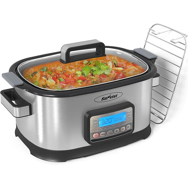 Sunvivi 6.5 Quart Slow Cooker Roaster Oven：11 in 1 programmable Multi-Cooker Food Warmer with Digital Timer, Temp Control, Removable Nonstick Cast Aluminum Pot & Dishwasher-Safe Tempered Glass Lid
