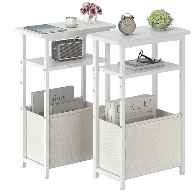 sthmec Narrow Side Table Set of 2, Skinny End Tables with Fabric Basket, Small Side Tables for Small Space,2-Tier Open Shelves with Basket, Slim Nightstands Set 2 for Bedroom,Livinroom,Office,White