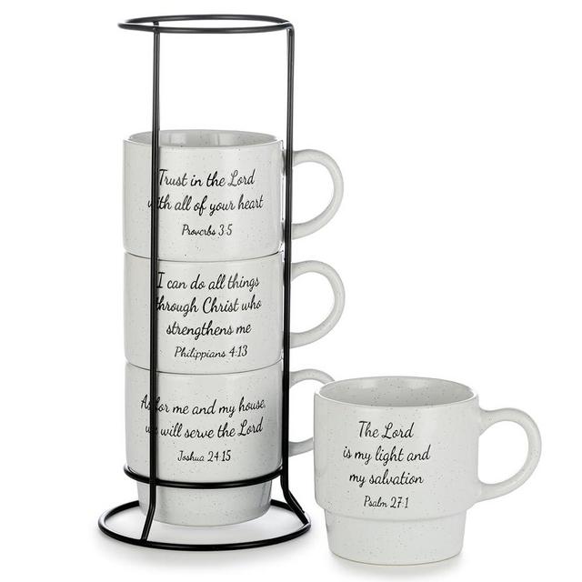 Signature Housewares Stackable Coffee Mugs Set of 4 Mugs with Metal Stand - Inspirational Bible Verses