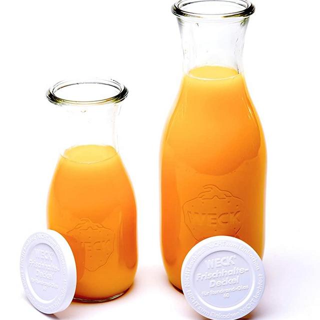 Weck Juice Jar Combo Pack - (1) 766 1-Liter jar (1) 764 1/2-Liter jar with Glass Lids, Rubber Rings and Steel Clamps & Keep Fresh Lids