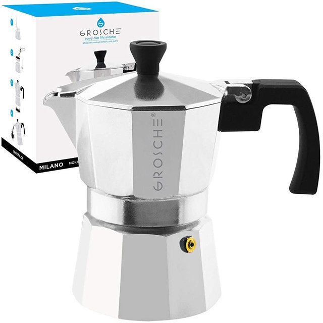 GROSCHE Milano Stovetop Espresso Maker Moka Pot 3 Cup - 5oz, Silver- Cuban Coffee Maker Stove top Coffee Maker Moka Italian Espresso greca Coffee Maker Brewer Percolator